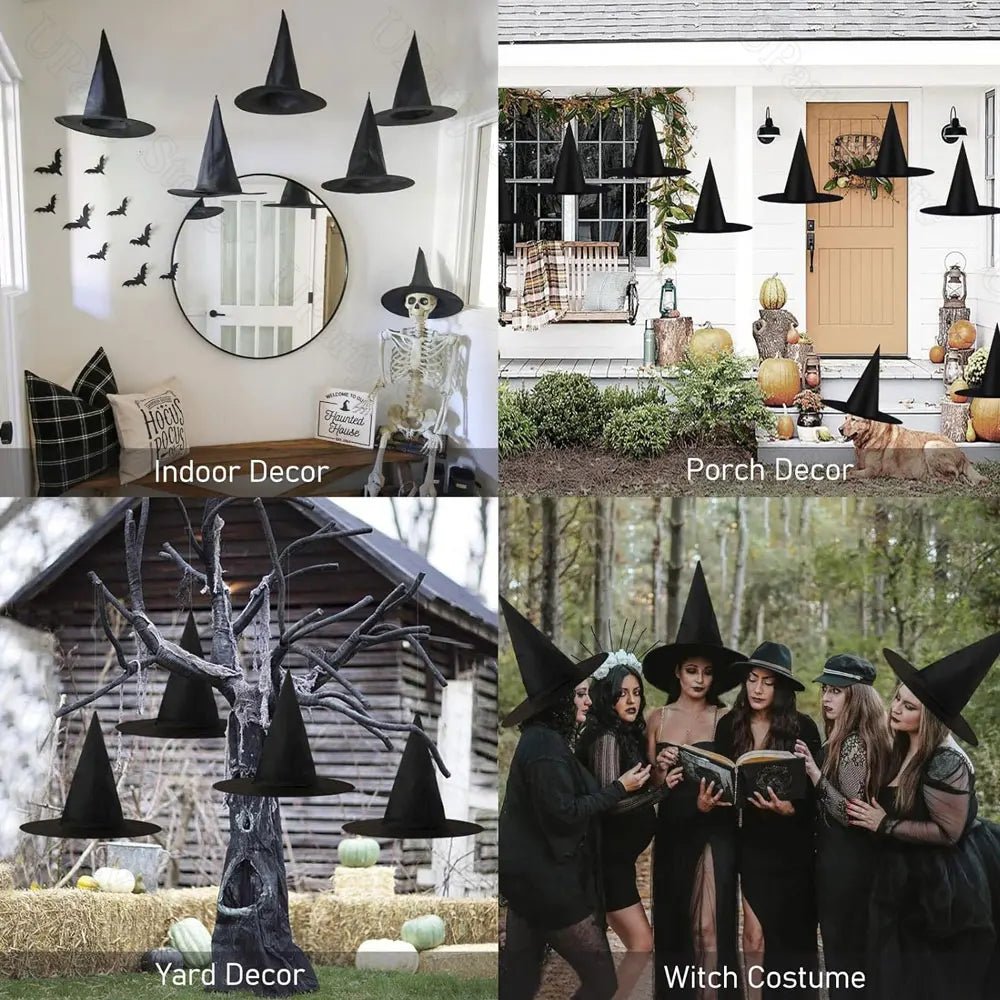 6/12Pcs Halloween Black Witches Hats with Rope Hanging Wizard Hats Bulk for Home Outdoor Porch Halloween Decoration Party Favor - Radiant Revive
