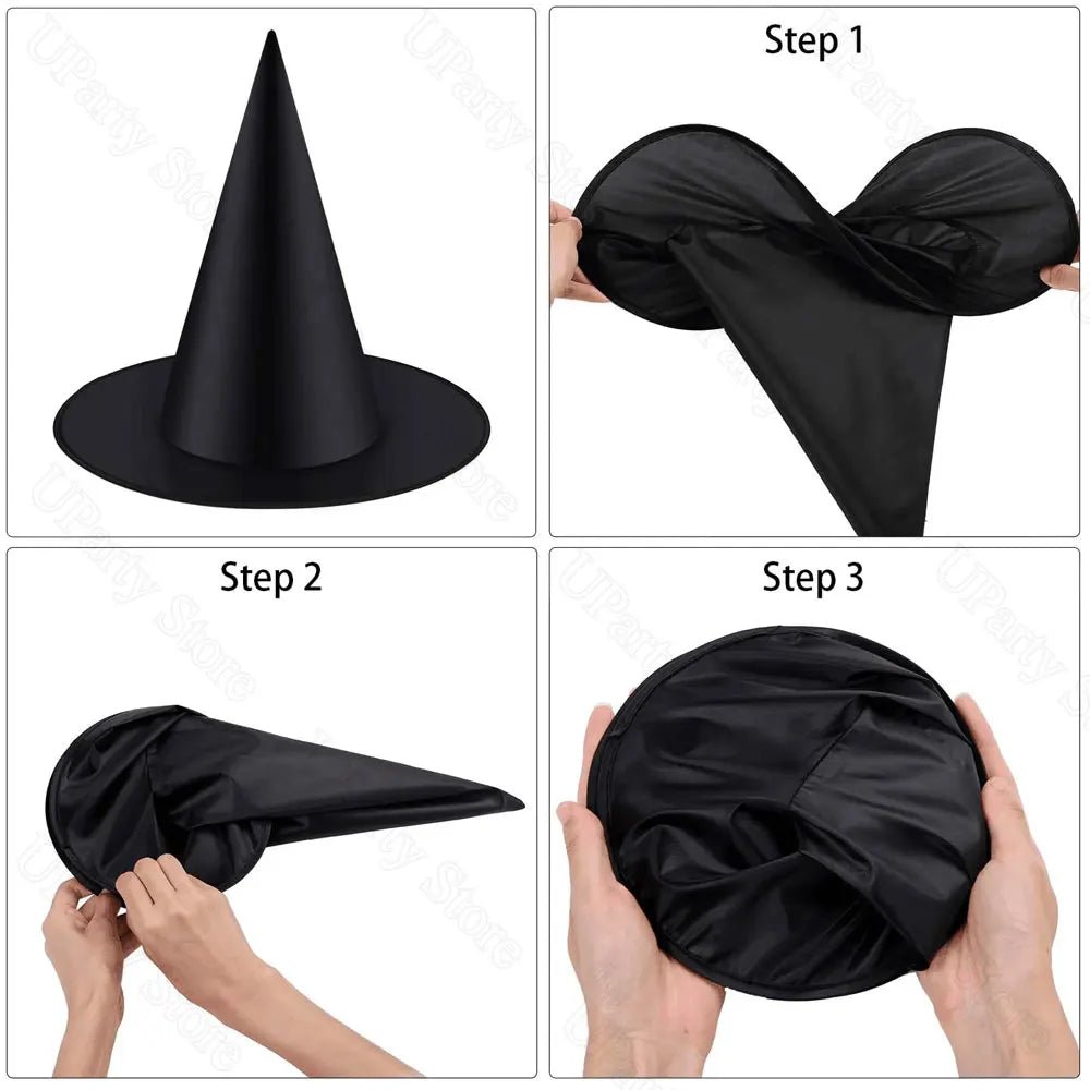 6/12Pcs Halloween Black Witches Hats with Rope Hanging Wizard Hats Bulk for Home Outdoor Porch Halloween Decoration Party Favor - Radiant Revive