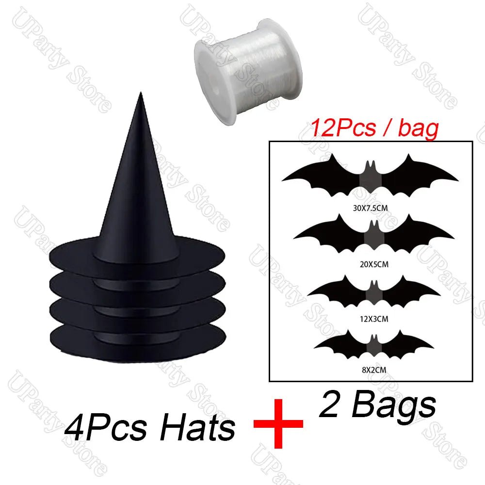 6/12Pcs Halloween Black Witches Hats with Rope Hanging Wizard Hats Bulk for Home Outdoor Porch Halloween Decoration Party Favor - Radiant Revive
