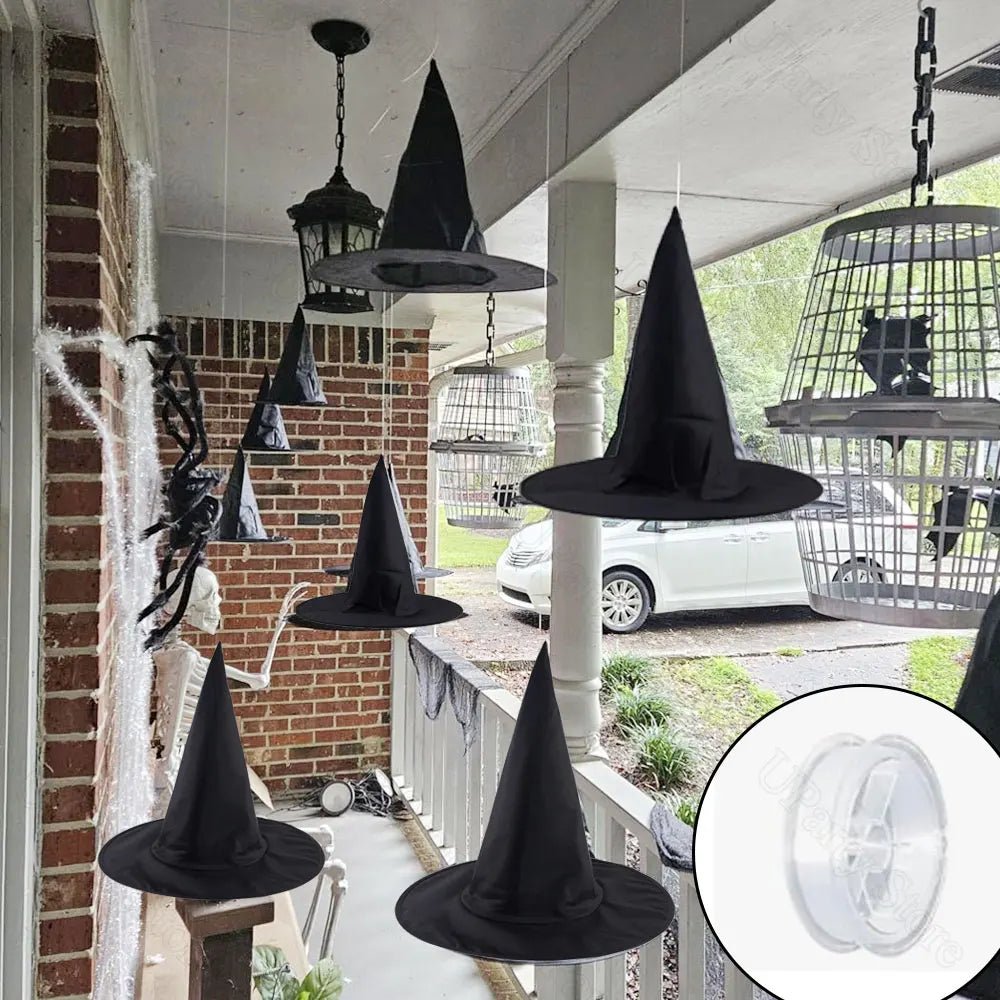 6/12Pcs Halloween Black Witches Hats with Rope Hanging Wizard Hats Bulk for Home Outdoor Porch Halloween Decoration Party Favor - Radiant Revive