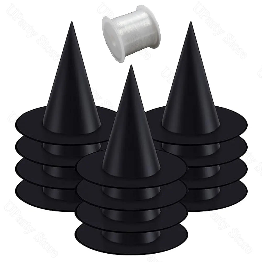 6/12Pcs Halloween Black Witches Hats with Rope Hanging Wizard Hats Bulk for Home Outdoor Porch Halloween Decoration Party Favor - Radiant Revive