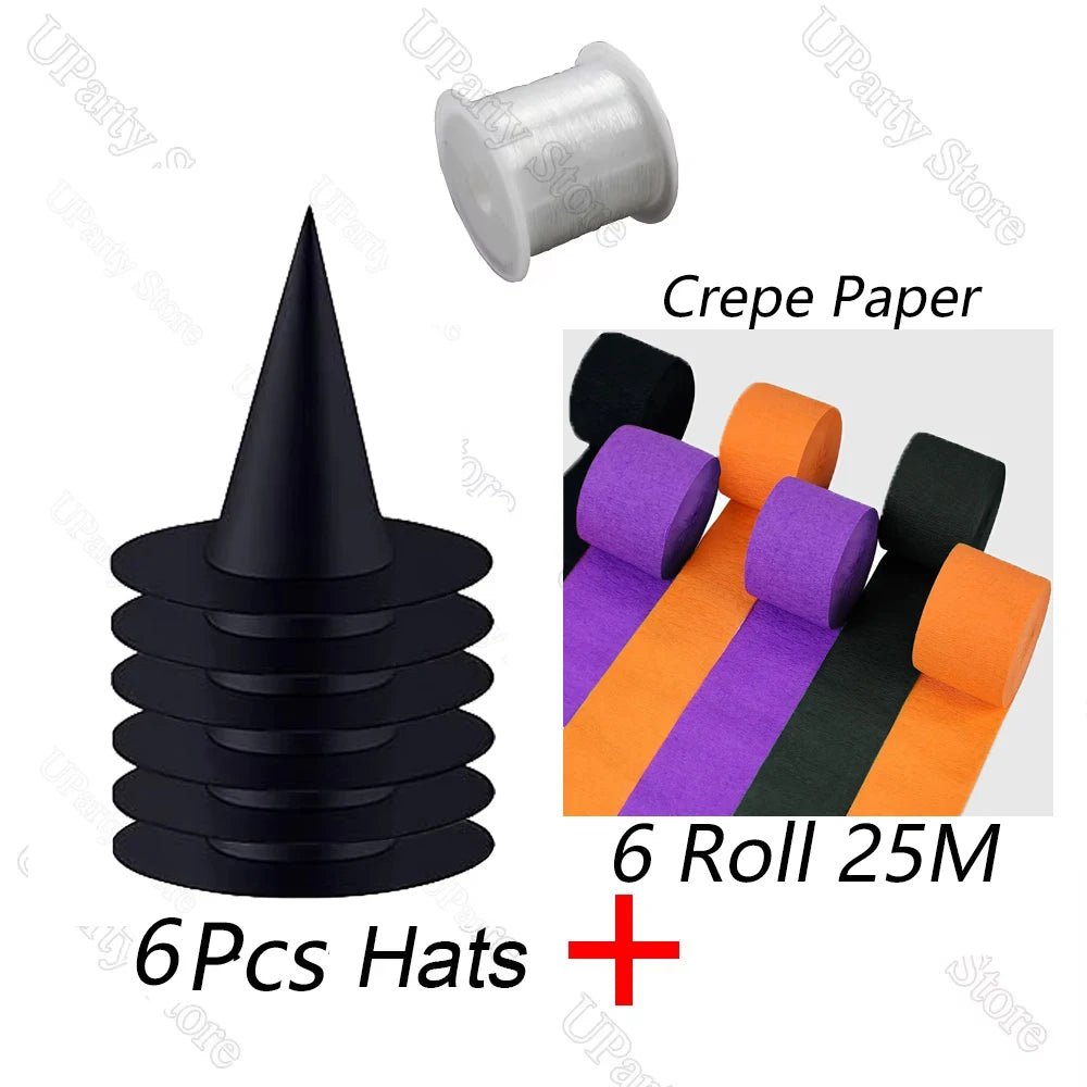 6/12Pcs Halloween Black Witches Hats with Rope Hanging Wizard Hats Bulk for Home Outdoor Porch Halloween Decoration Party Favor - Radiant Revive