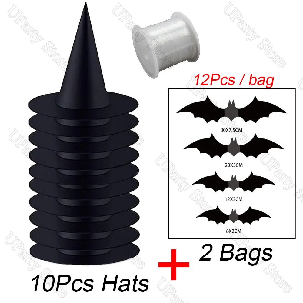 6/12Pcs Halloween Black Witches Hats with Rope Hanging Wizard Hats Bulk for Home Outdoor Porch Halloween Decoration Party Favor - Radiant Revive