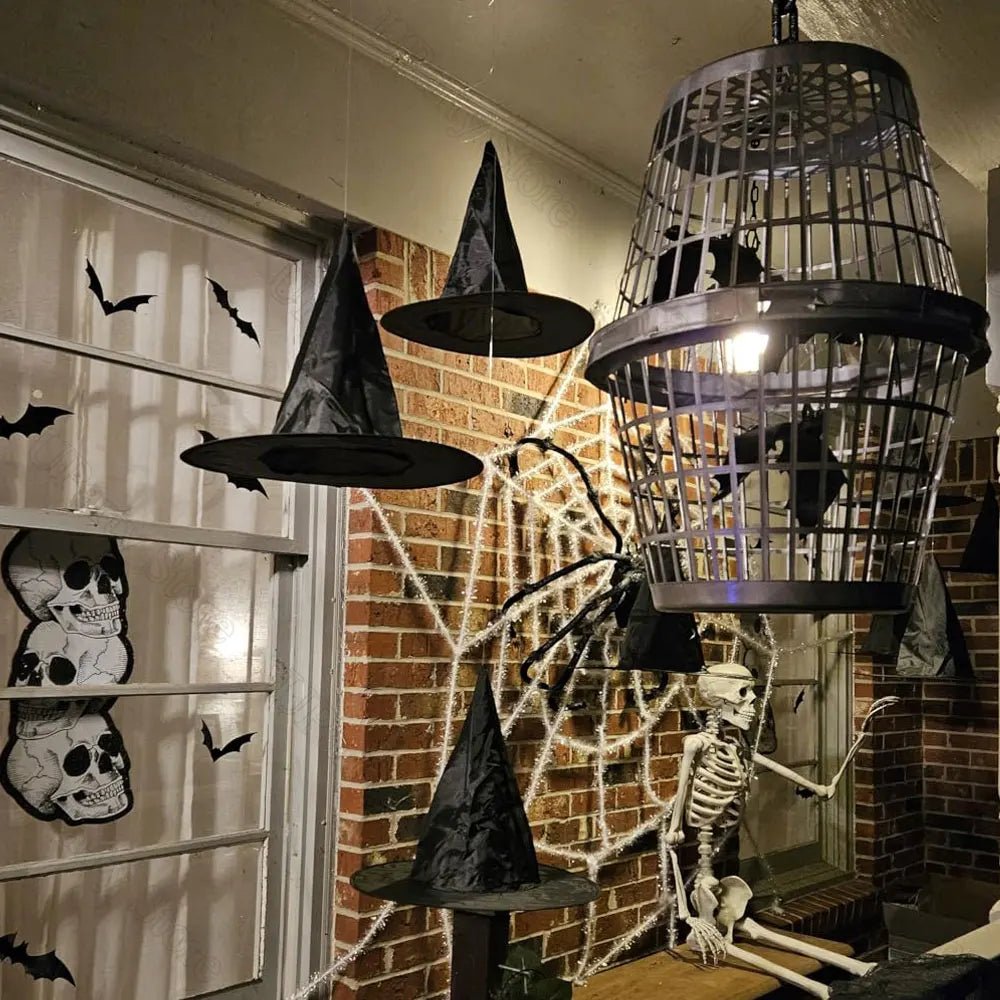 6/12Pcs Halloween Black Witches Hats with Rope Hanging Wizard Hats Bulk for Home Outdoor Porch Halloween Decoration Party Favor - Radiant Revive