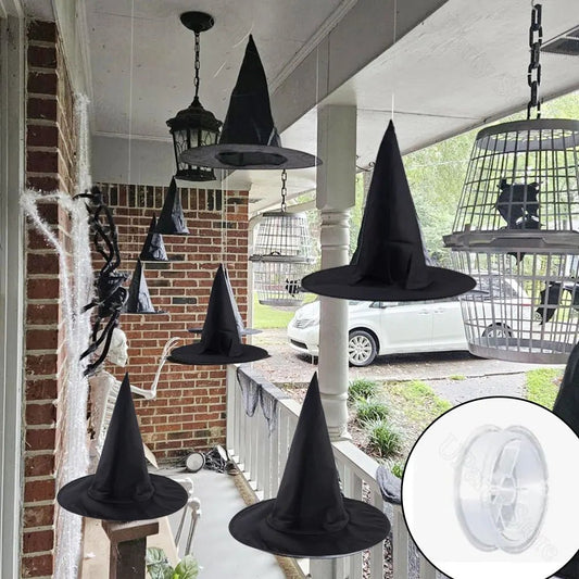 6/12Pcs Halloween Black Witches Hats with Rope Hanging Wizard Hats Bulk for Home Outdoor Porch Halloween Decoration Party Favor - Radiant Revive