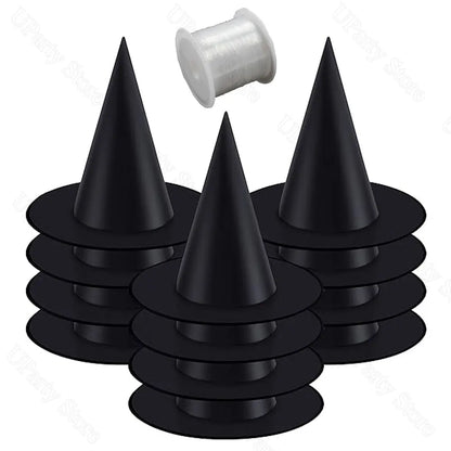 6/12Pcs Halloween Black Witches Hats with Rope Hanging Wizard Hats Bulk for Home Outdoor Porch Halloween Decoration Party Favor - Radiant Revive