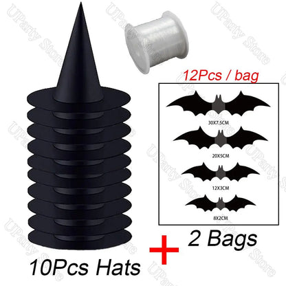 6/12Pcs Halloween Black Witches Hats with Rope Hanging Wizard Hats Bulk for Home Outdoor Porch Halloween Decoration Party Favor - Radiant Revive