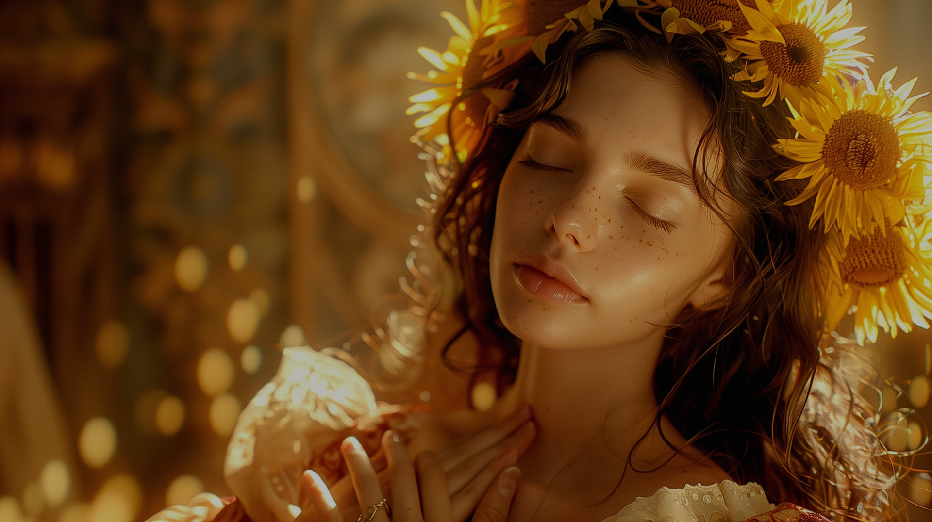 Woman with sunflower wreath in a warm, bokeh-lit setting
